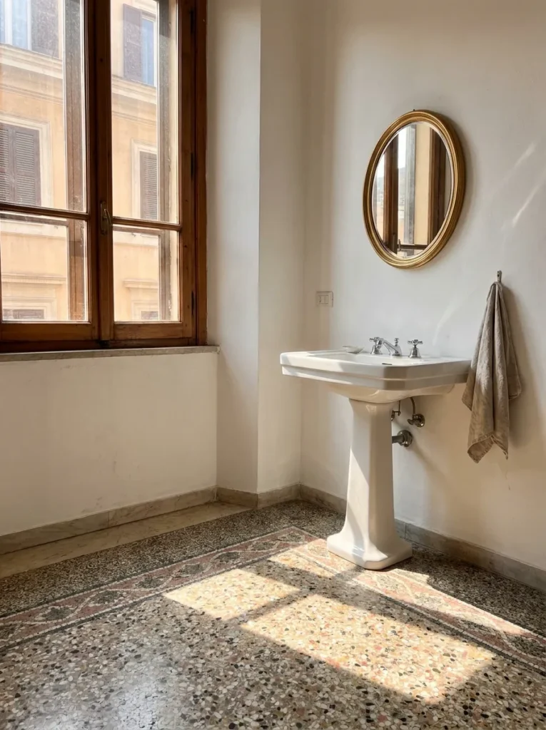 Elegant bathroom featuring timeless terrazzo flooring and sophisticated neutral finishes