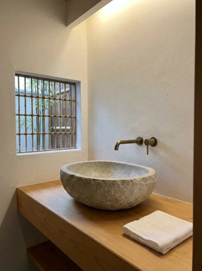 Elegant bathroom vanity with stone vessel sink and natural wood countertop