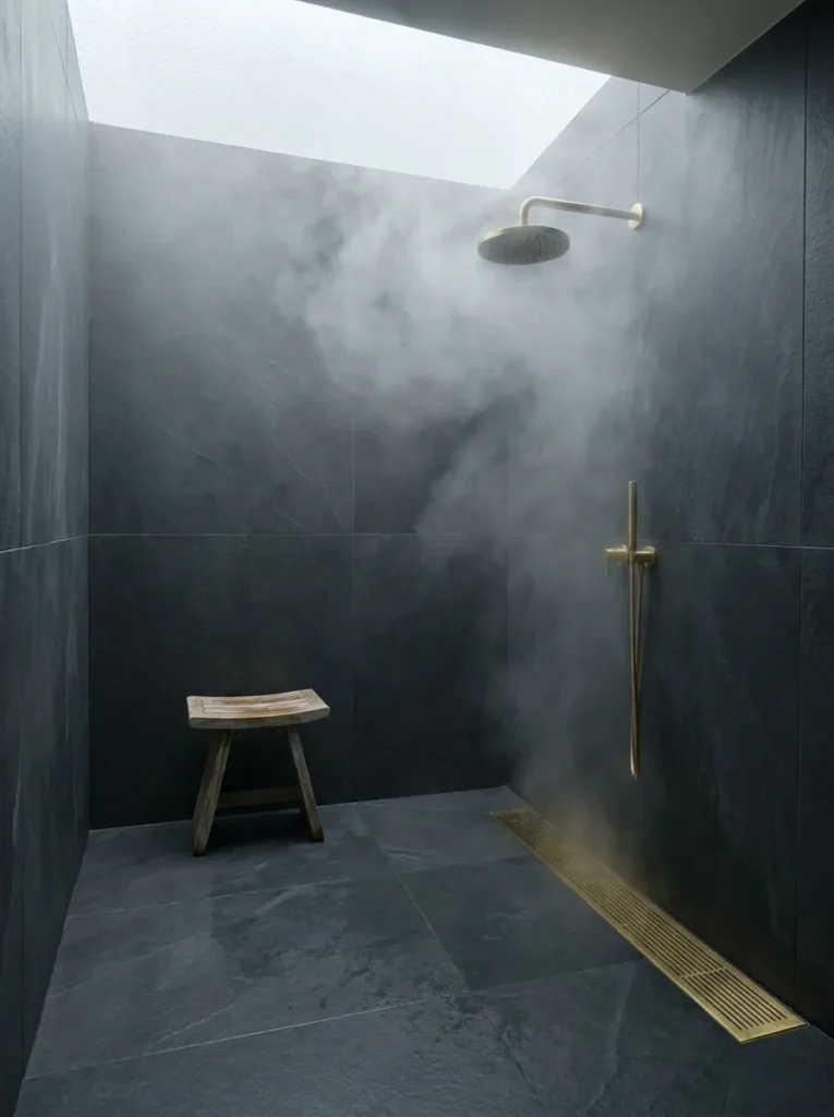 Modern elegant bathroom with an open walk-in wet room and seamless stone surfaces