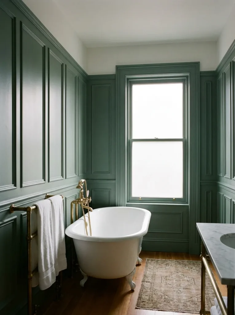 Elegant bathroom with floor-to-ceiling wall paneling and classic timeless character