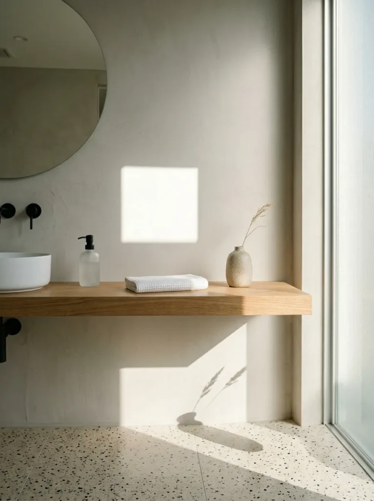 Minimalist vanity with frosted glass dispenser, folded towel, and stoneware bud vase on terrazzo in a Tokyo microcement bathroom.