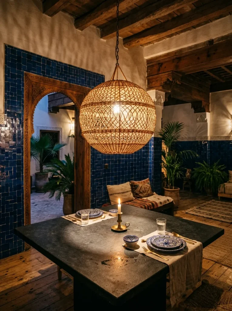 Large rattan pendant hanging 75cm above a honed basalt table in a Moroccan riad dining room with zellige tile walls.