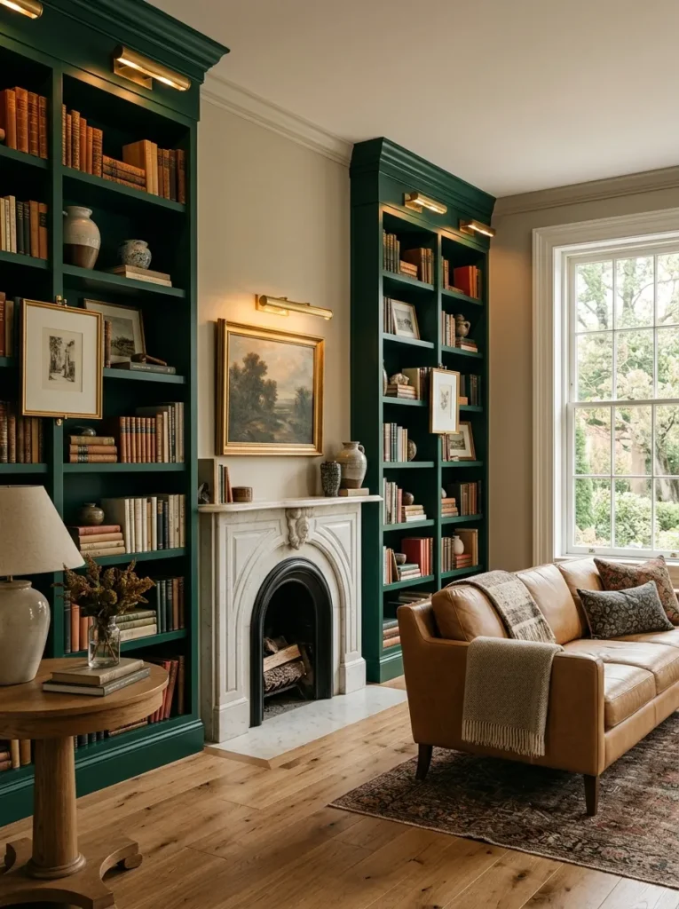 Living room with deep emerald built-in bookshelves and brass hardware accents