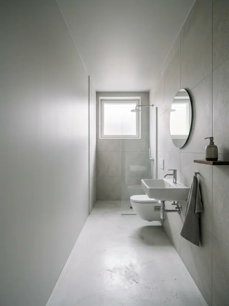 One entirely bare wall left clear of all hardware in a pale grey minimal Nordic bathroom, emphasising calm space.