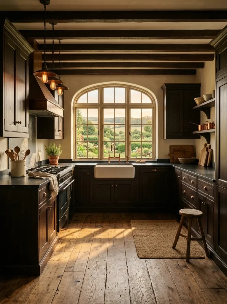 Traditional kitchen with deep espresso wood cabinetry and exposed ceiling beams