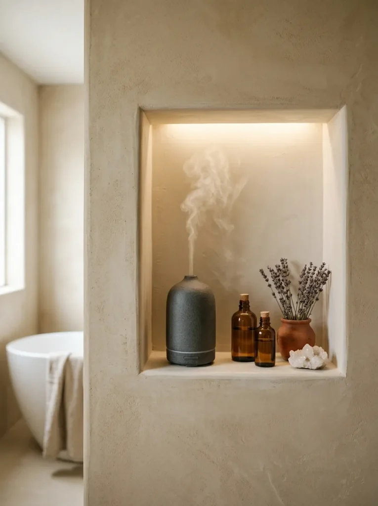 Spa bathroom with a built-in stone niche holding an ultrasonic essential oil diffuser emitting soft mist, surrounded by amber glass bottles and dried herbs