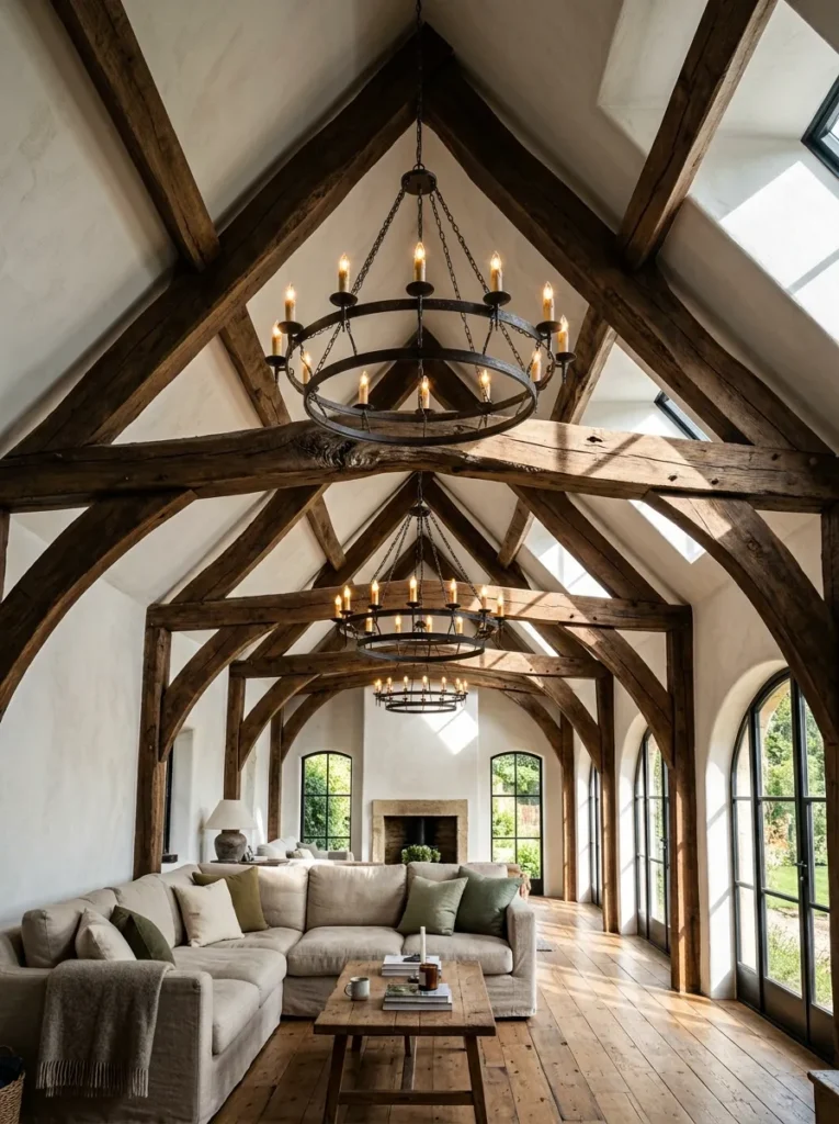 Vaulted farmhouse living room ceiling with exposed wood beams above a stone fireplace
