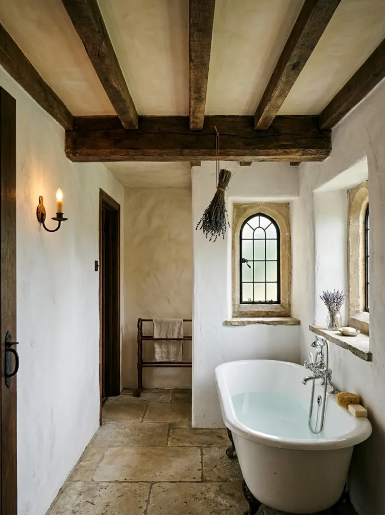 Cozy bathroom with original dark oak ceiling beams, white lime-washed plaster walls, a deep clawfoot bathtub, and a small arched window