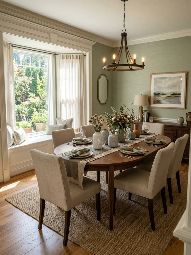 Extendable round dining table with a hidden leaf expanded to an oval shape in a transitional dining room