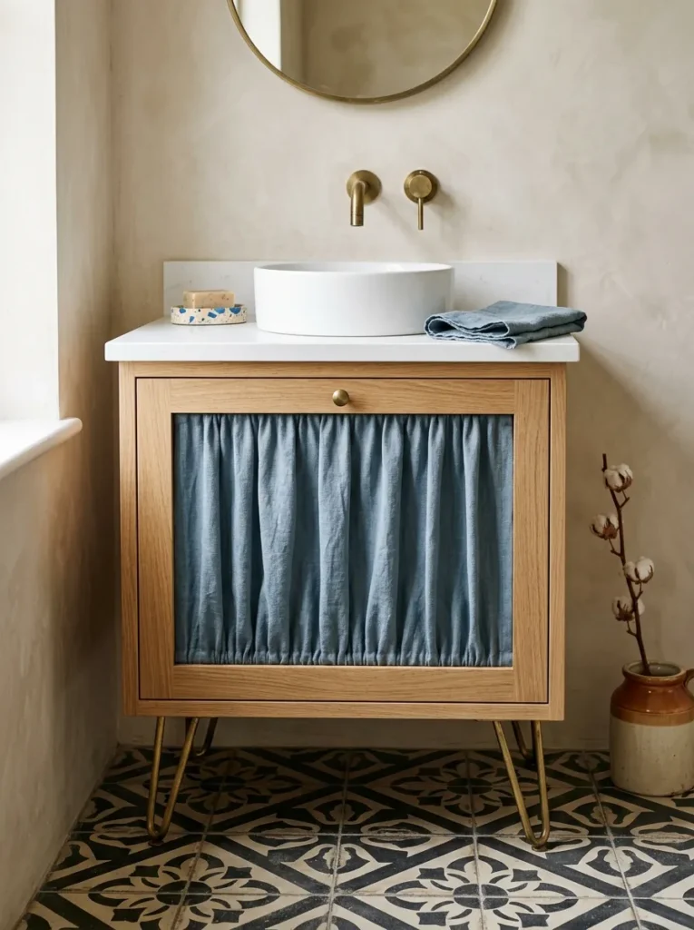 Built-in under-sink vanity cabinet with a gathered dusty blue linen fabric panel insert in the door frame, brass handle, in a warm bathroom with patterned floor tiles