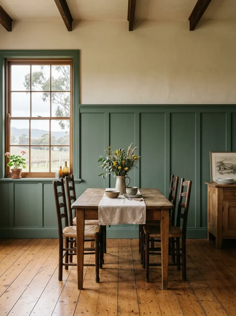 Farmhouse dining room with board and batten wall treatment adding architectural character