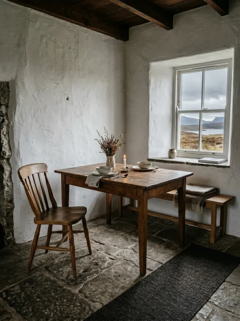 Farmhouse dining room layout with generous clearance around a reclaimed wood dining table
