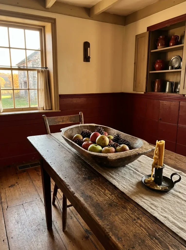 Farmhouse dining room table styled with a vintage wooden dough bowl centerpiece