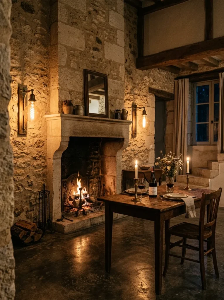 Farmhouse dining room with Edison bulb lighting creating a warm and inviting atmosphere

