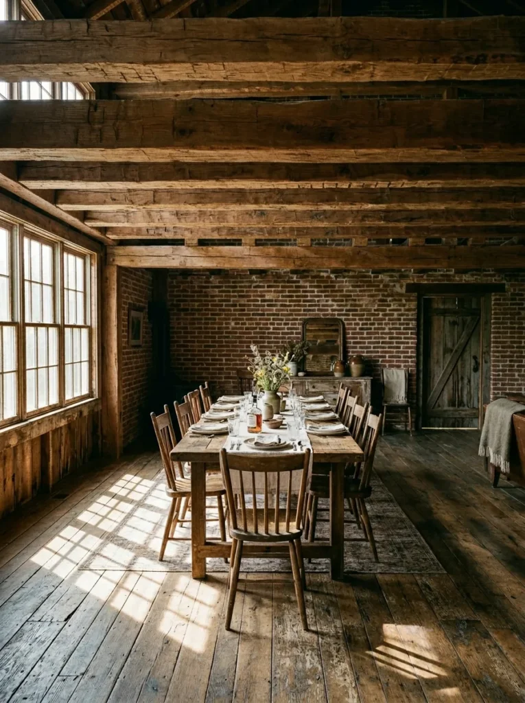 Farmhouse dining room featuring exposed reclaimed wood ceiling beams and rustic architecture