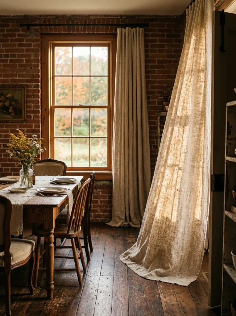 Farmhouse dining room featuring floor-length linen curtains and soft natural light