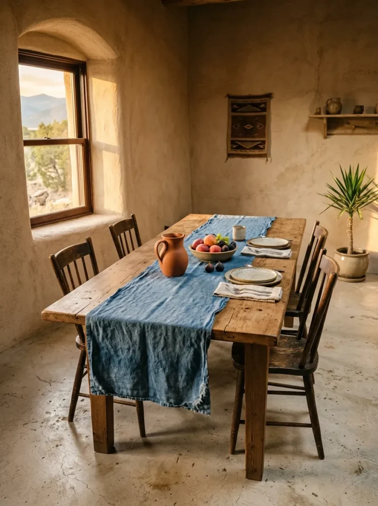 Farmhouse dining room table styled with a natural linen runner and rustic centerpiece

