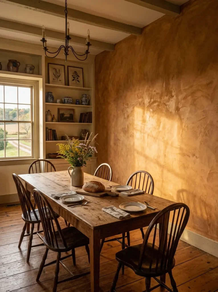 Farmhouse dining room featuring a simple uncluttered wall that highlights texture and materials
