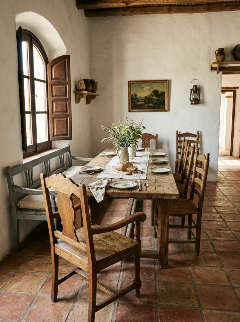 Farmhouse dining room with mismatched wooden dining chairs creating collected vintage charm