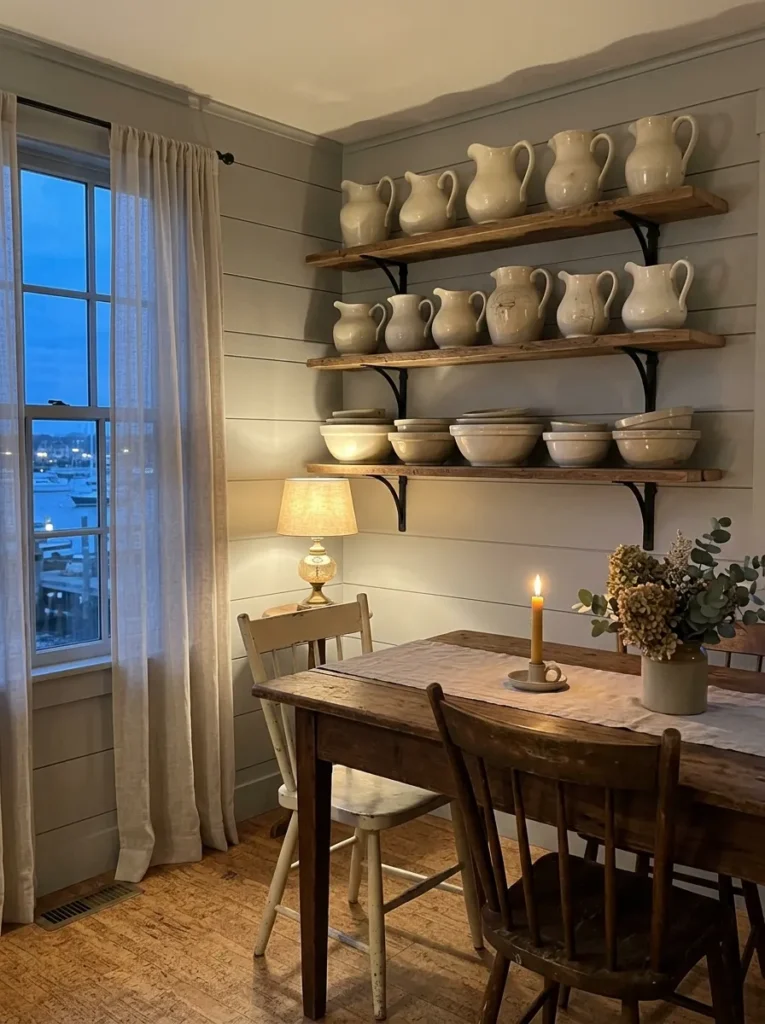 Farmhouse dining room with open shelving displaying ironstone dishes and vintage stoneware
