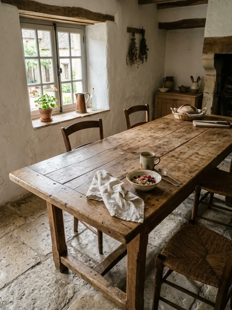Farmhouse dining room with reclaimed wood table featuring visible plank seams and rustic character
