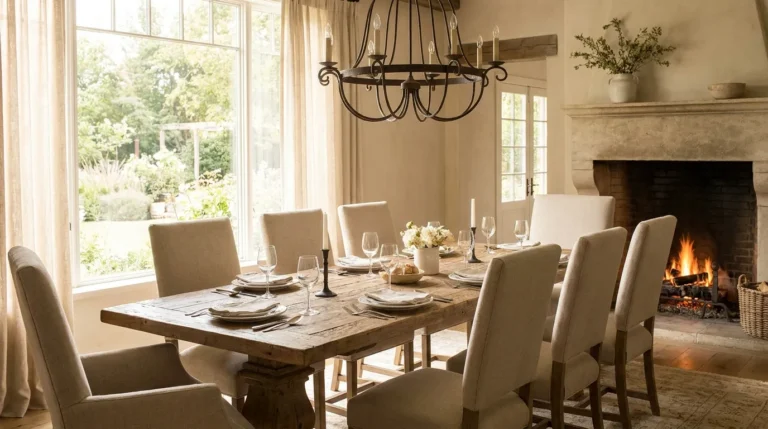 Farmhouse dining room ideas featuring reclaimed wood furniture, vintage decor, wrought iron lighting, and cozy farmhouse charm