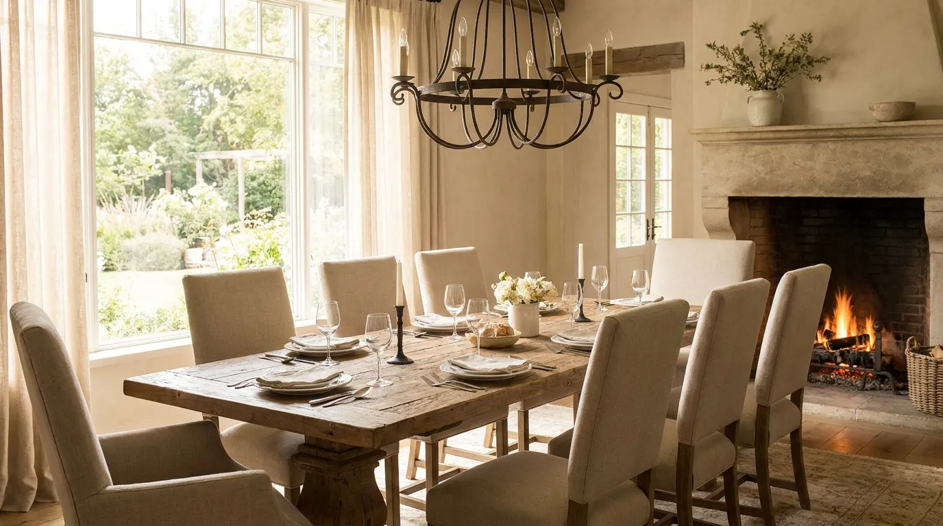 Farmhouse dining room ideas featuring reclaimed wood furniture, vintage decor, wrought iron lighting, and cozy farmhouse charm