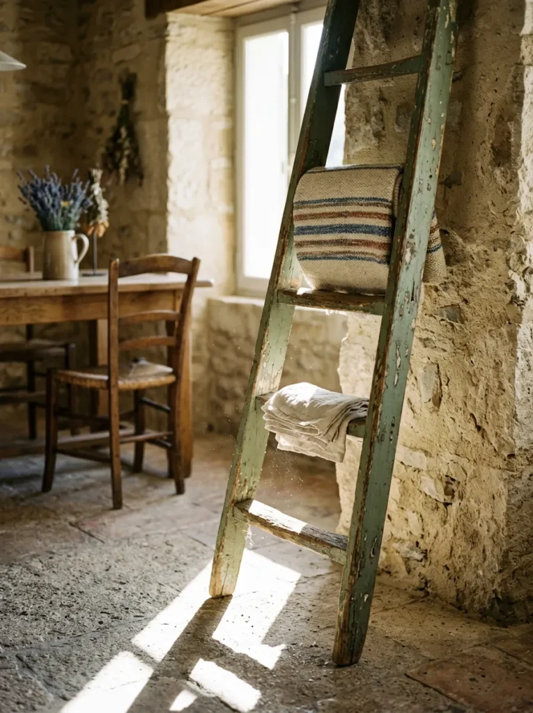 Farmhouse dining room decorated with a vintage wooden ladder holding quilts and linens
