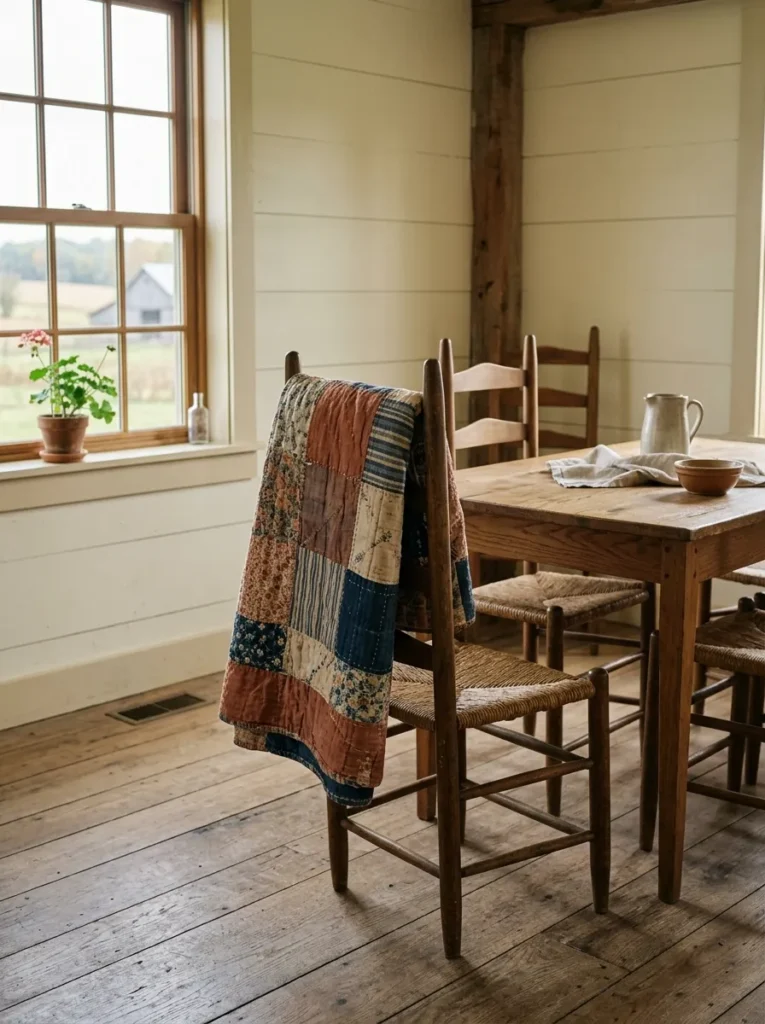 Farmhouse dining room decorated with a vintage quilt draped over a wooden dining chair