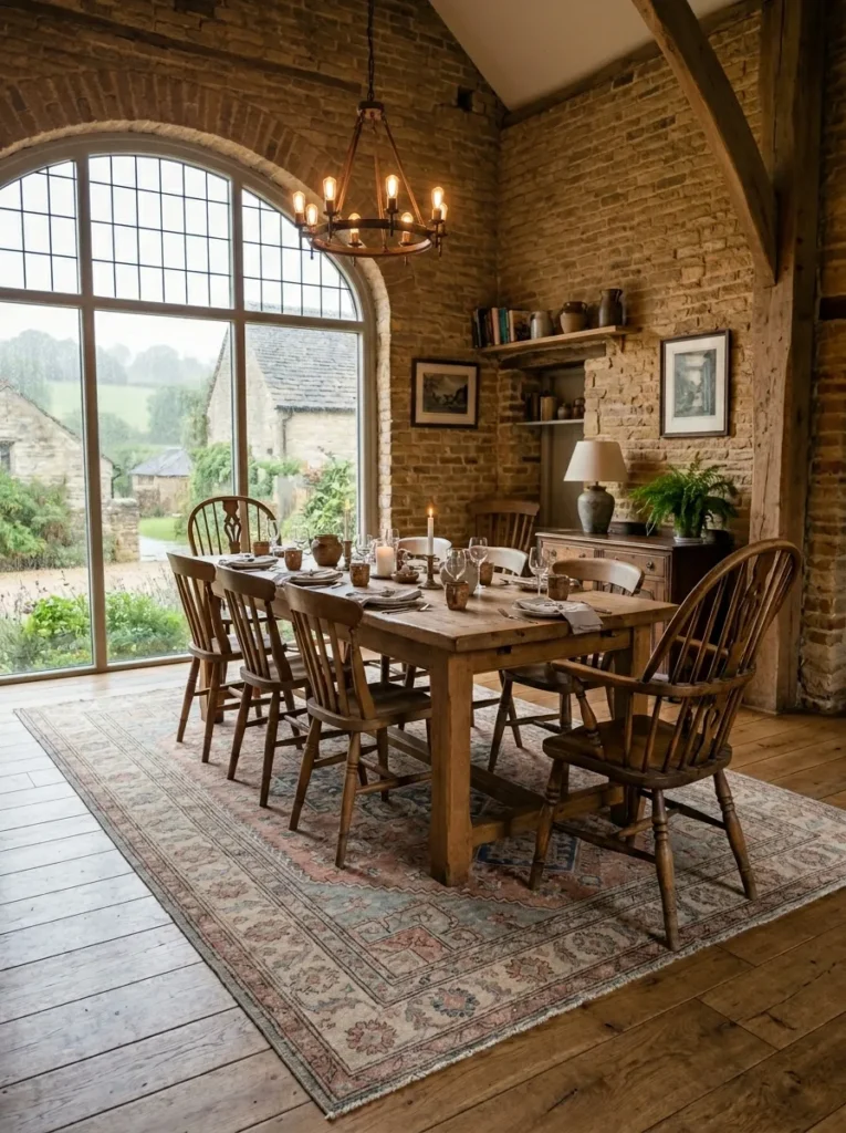 Farmhouse dining room featuring a large vintage rug underneath a rustic dining table
