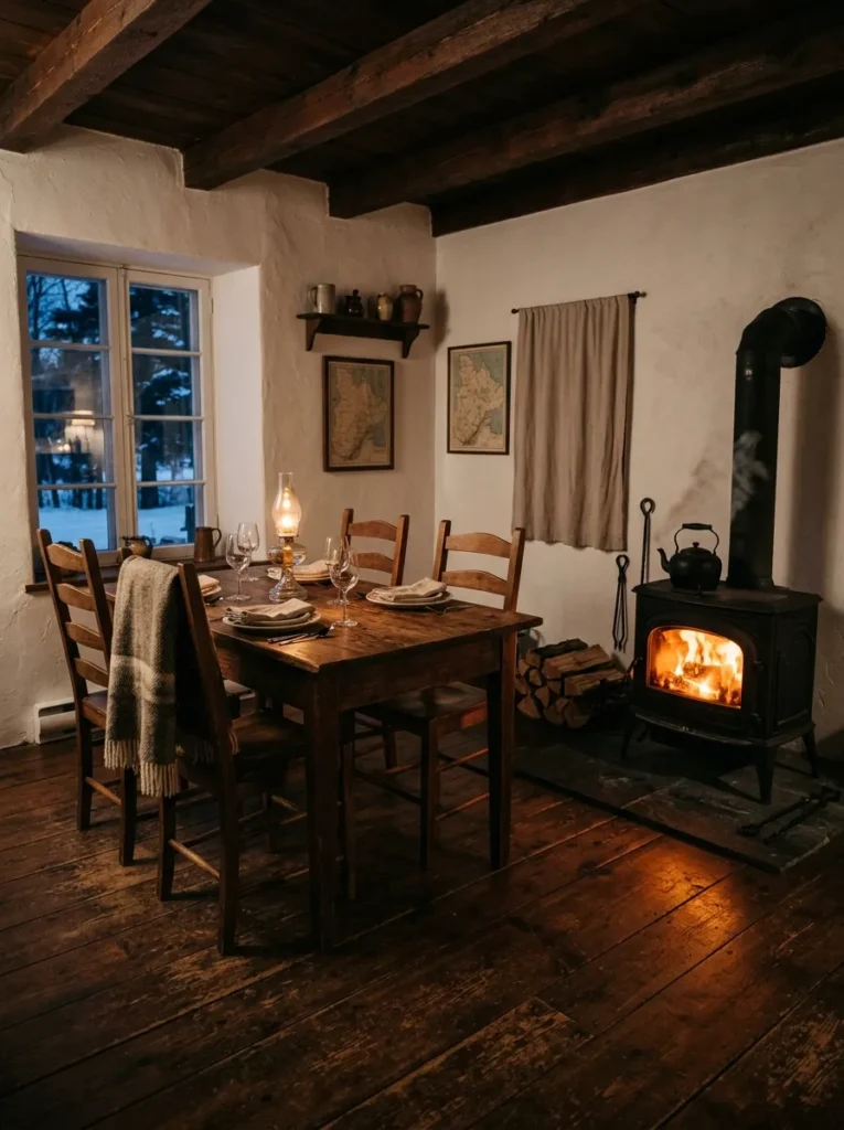 Farmhouse dining room with a cast iron wood burning stove creating a warm focal point
