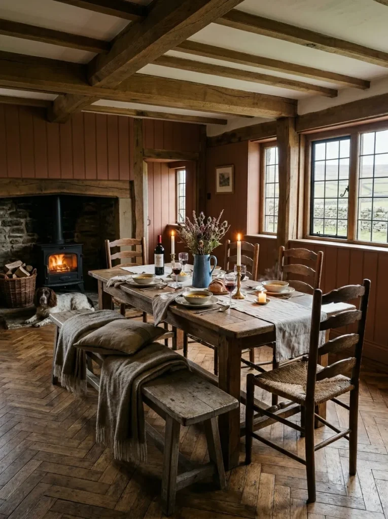 Farmhouse dining room featuring a reclaimed wood bench paired with a rustic dining table
