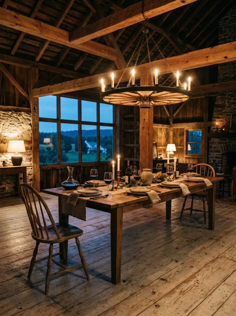 Farmhouse dining room featuring a wrought iron chandelier hanging above a rustic dining table
