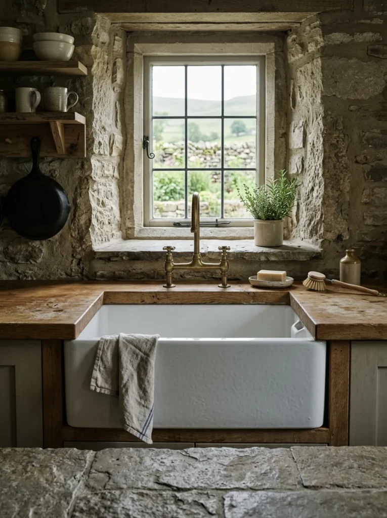 Deep fireclay farmhouse apron sink set into a butcher block countertop in a cozy rustic kitchen.
