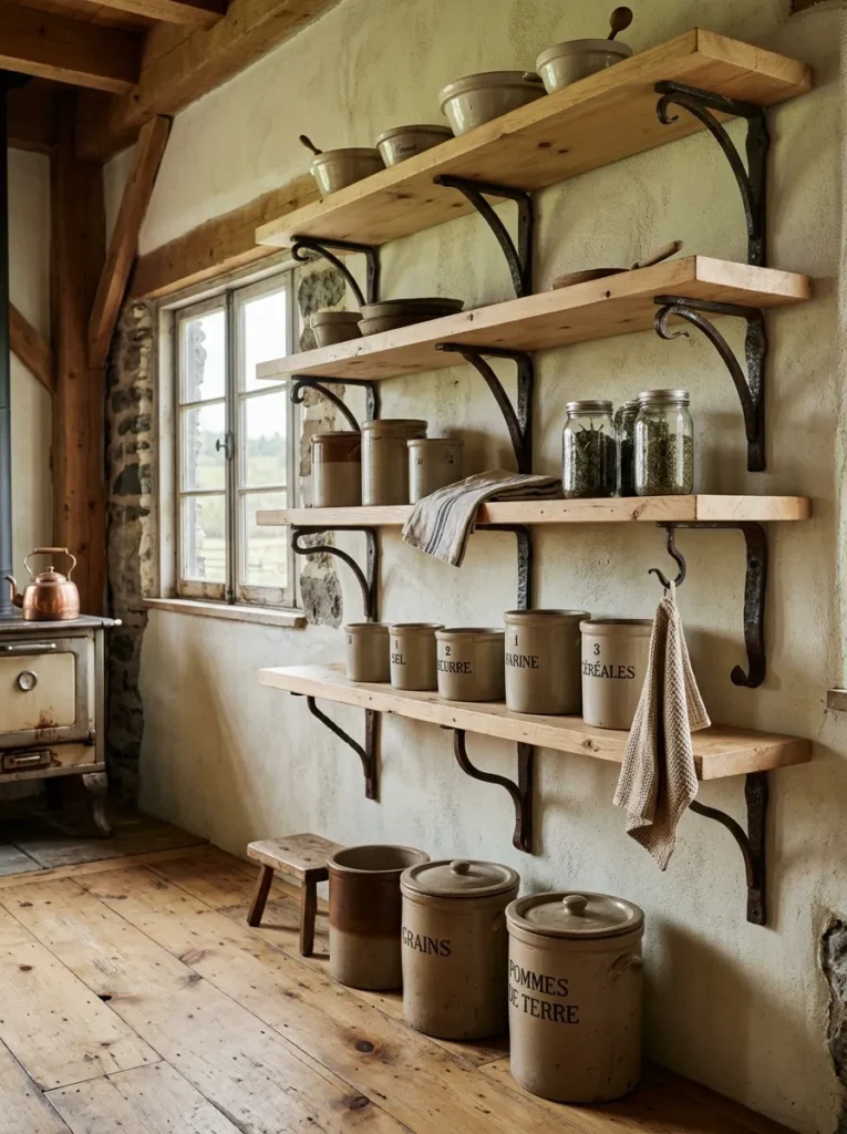 Aged iron shelf brackets in slightly varied shapes supporting open kitchen shelving.
