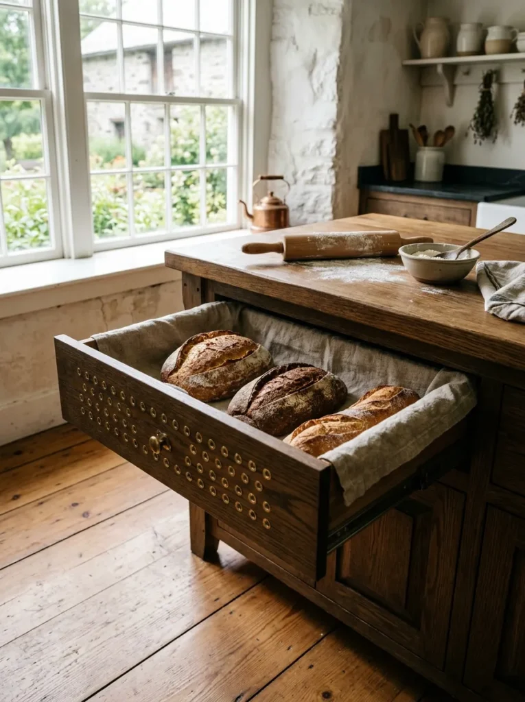 Built-in ventilated bread drawer pulled open beneath a farmhouse kitchen countertop.
