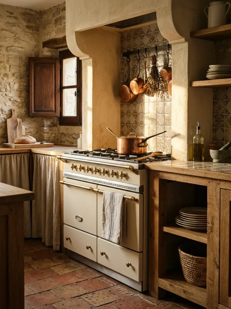 Cream enamel cooking range with brass control knobs set into a farmhouse kitchen alcove.
