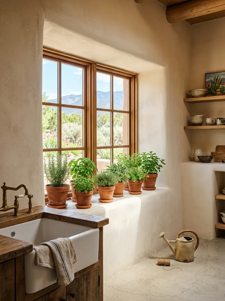 Deep-set farmhouse window above a kitchen sink with a wide ledge holding potted herbs.
