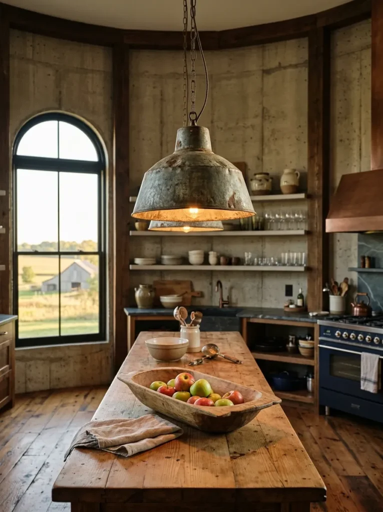 Weathered galvanized metal pendant light hanging low above a farmhouse kitchen island.
