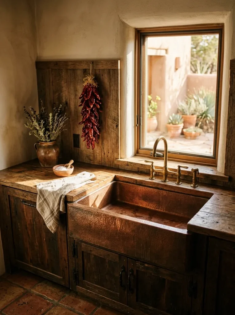 Hand-hammered copper farmhouse sink developing a natural patina beneath a wood-paneled backsplash.

