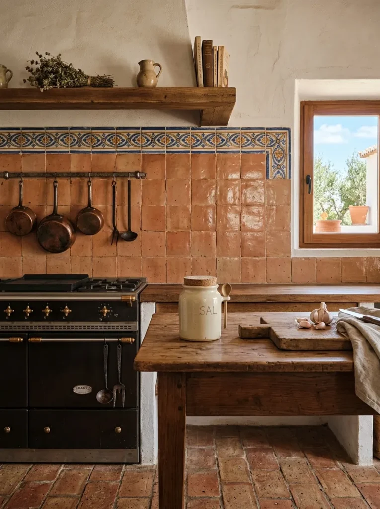 Hand-painted patterned tile border framing a plain terracotta backsplash in a farmhouse kitchen.

