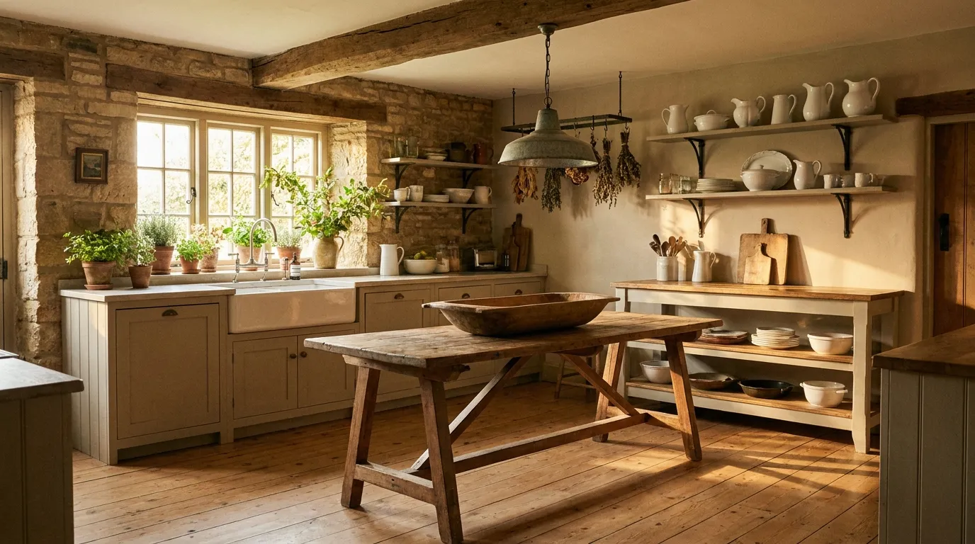Sweeping view of a cozy farmhouse kitchen with a fireclay sink, reclaimed beams, and a trestle table in the Cotswolds.