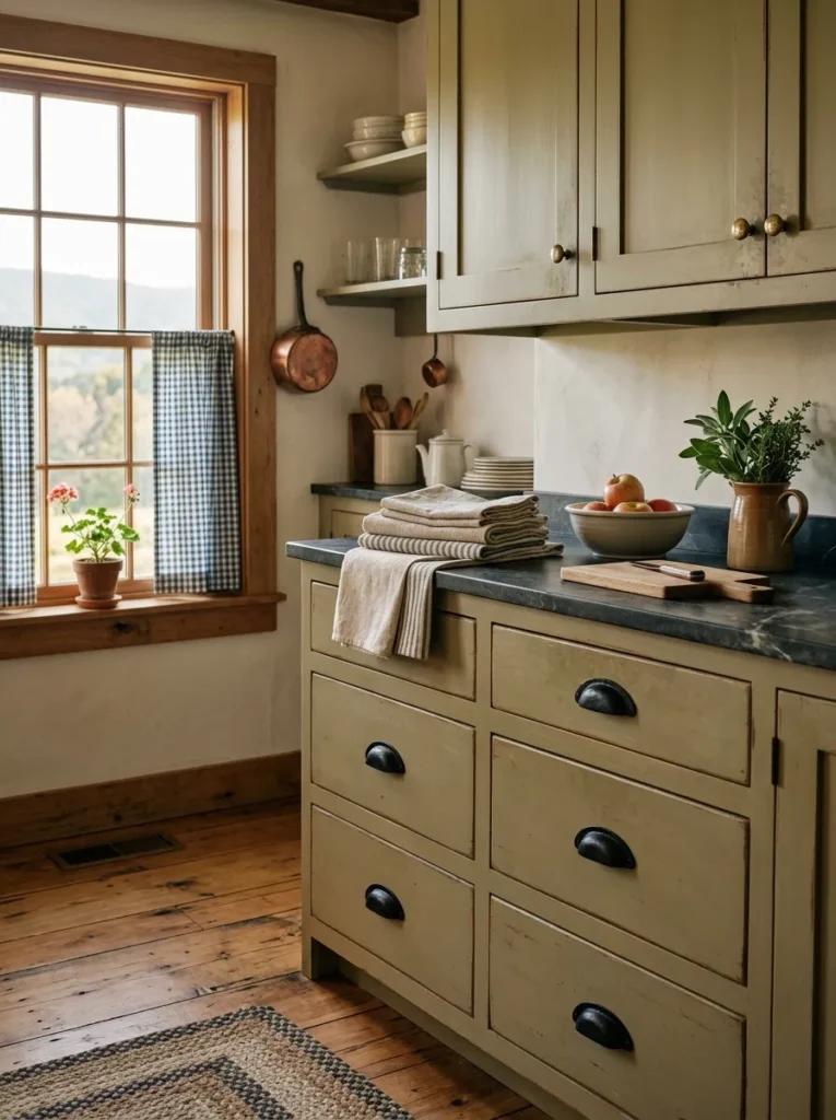 Deliberately mismatched cabinet knobs and pulls in a warm-toned farmhouse kitchen.
