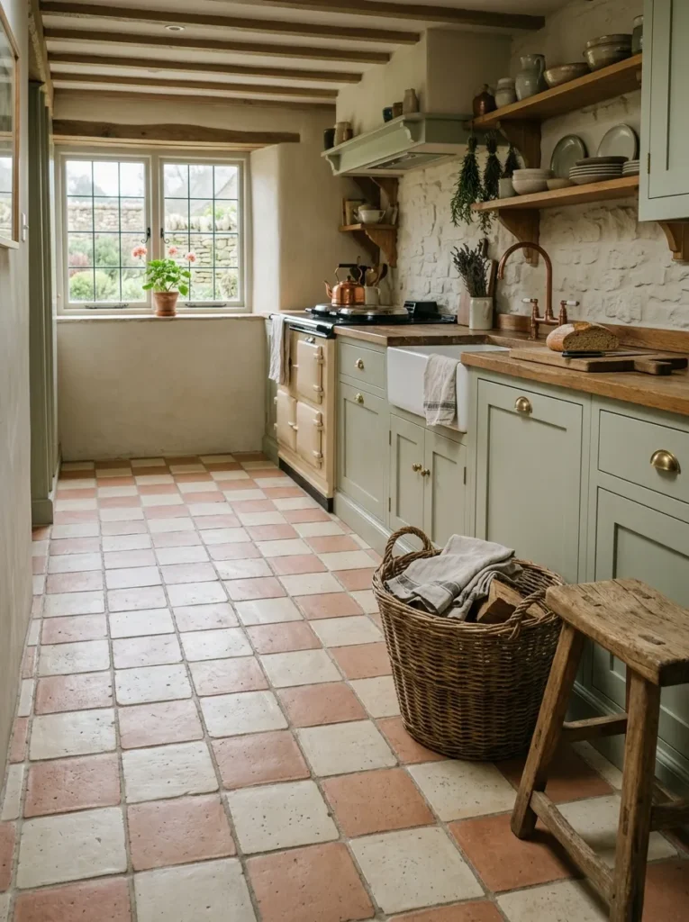  Muted cream and clay checkerboard tile floor in a warm farmhouse kitchen.
