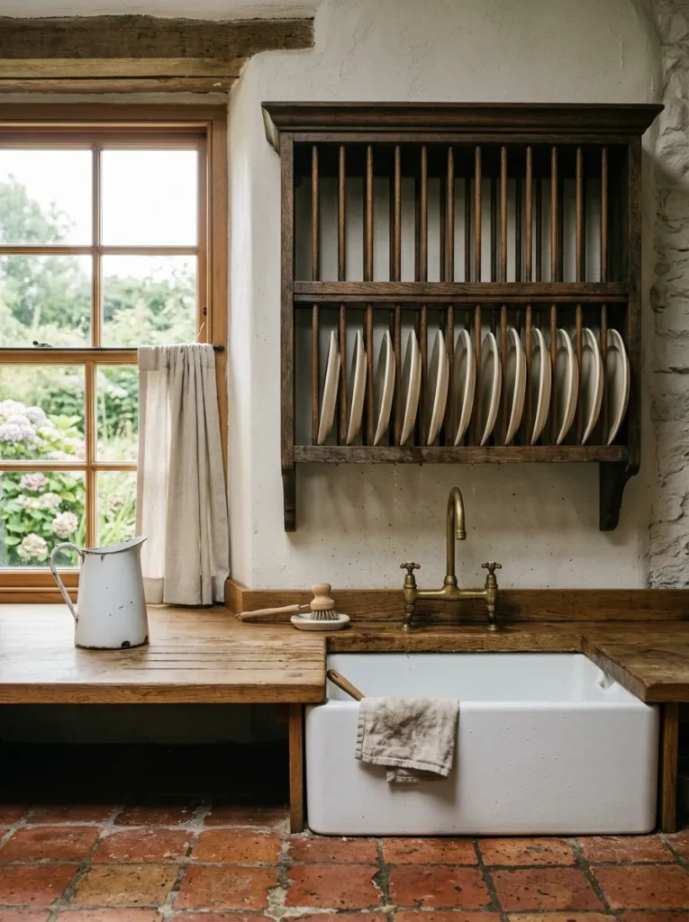 Wooden slatted plate rack mounted above a farmhouse sink holding stacked ceramic dinner plates.
