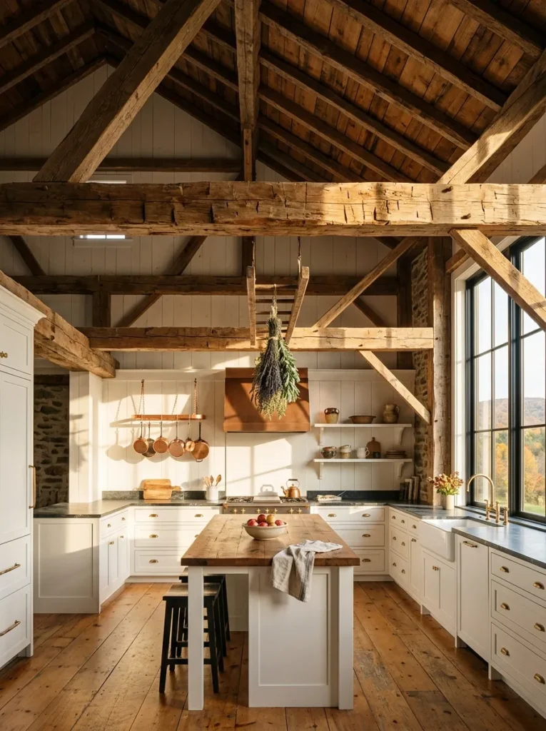 Reclaimed timber ceiling beams with visible saw marks running above a farmhouse kitchen island.
