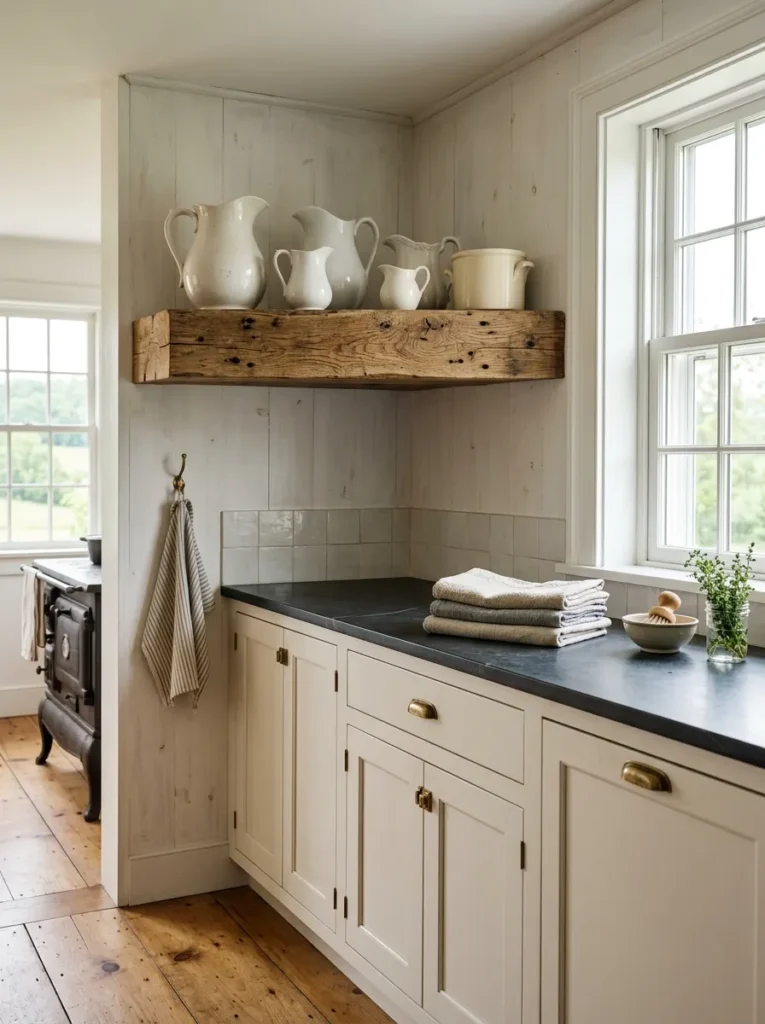 Single reclaimed wood plank shelf displaying ironstone pitchers above a farmhouse kitchen counter.
