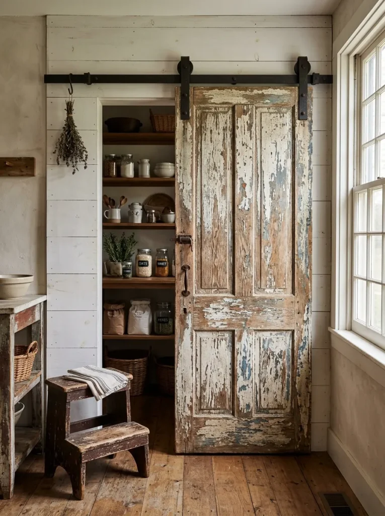 Weathered salvaged barn door serving as a pantry entrance in a rustic farmhouse kitchen.
