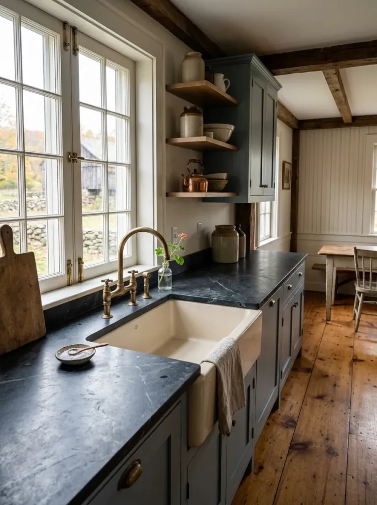 Dark soapstone countertop with a soft matte finish beside a fireclay sink in a farmhouse kitchen.
