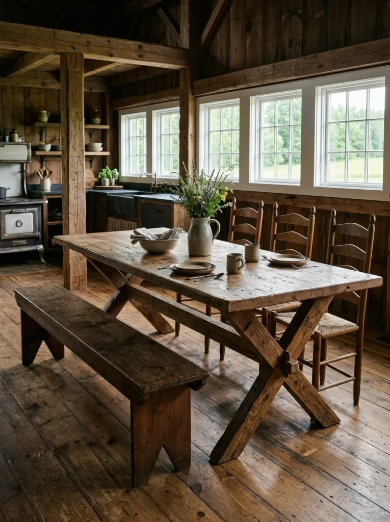  Long reclaimed wood trestle table with bench seating in a farmhouse kitchen eating nook.
